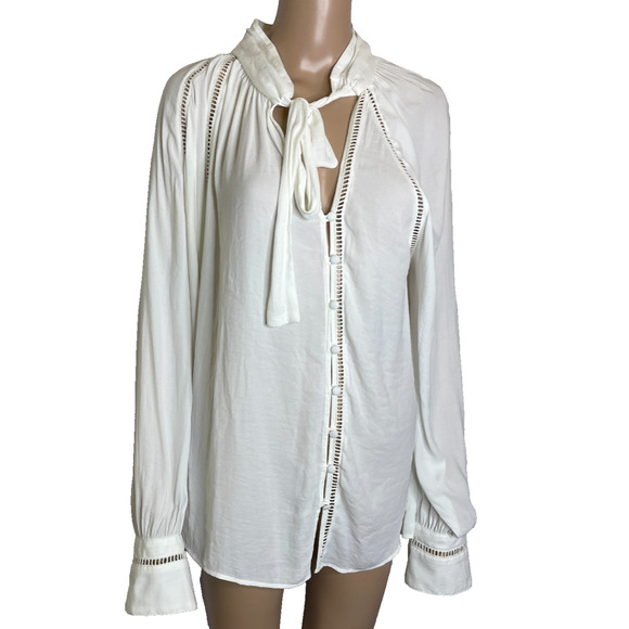 Women's Large Free People White Button Front Bow Polyester Poet Blouse - Picture 2 of 5